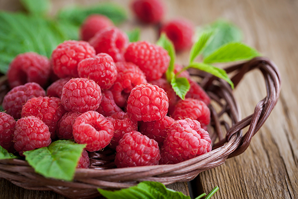 Gefüllter Obstkorb in Wiese, darum verschiedenes Obst