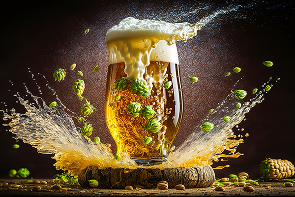 Überschaumendes Bierglas, Hopfen